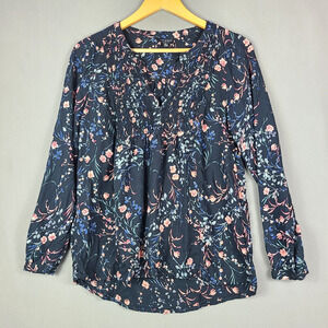 Lucky Brand Floral Top Smocked Chest V-Neck Boho Dark Fairy Peasant Flowy Size M